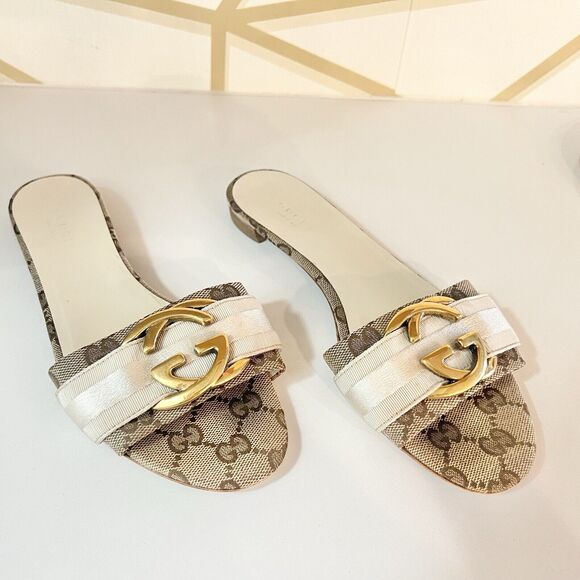 Gucci Brown Interlocking GG Supreme Canvas with Ribbon Slides Flats Size 36 - Picture 2 of 13
